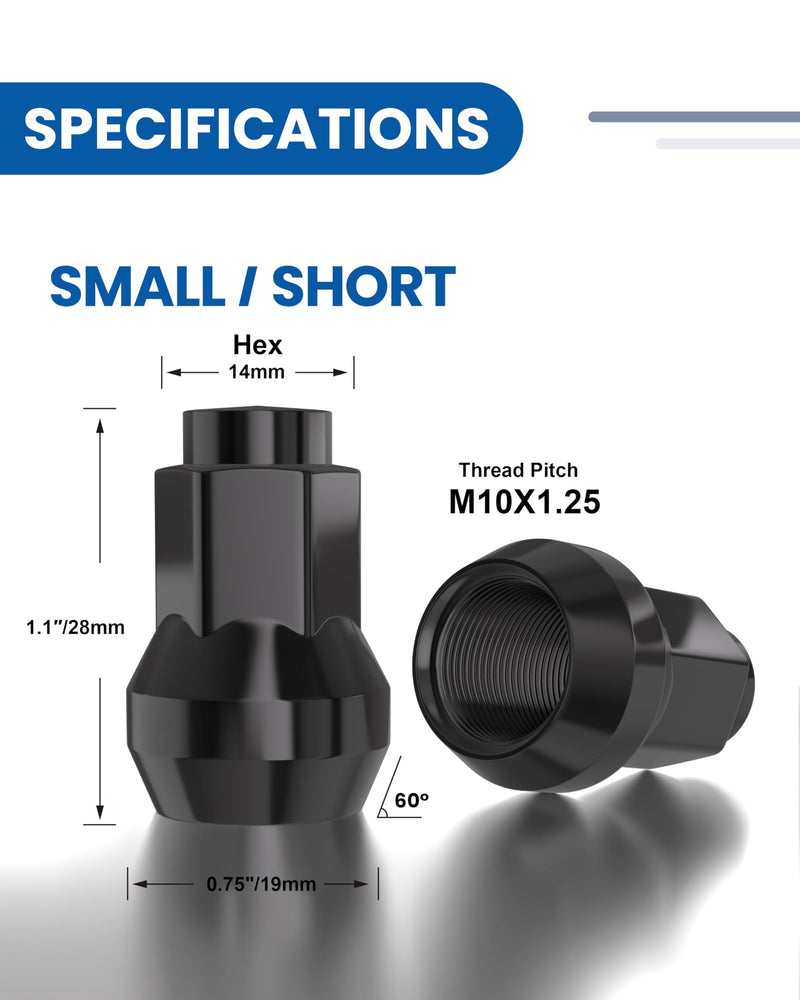 GAsupply 10x1.25 Lug Nuts 14mm Hex, 10x1.25mm Closed End Acorn Tuner Black Lug Nut 1.1" 28mm Tall Conical Seat 60 Degree for Aftermarket Wheels, 16 Pcs Short-28mm Tall