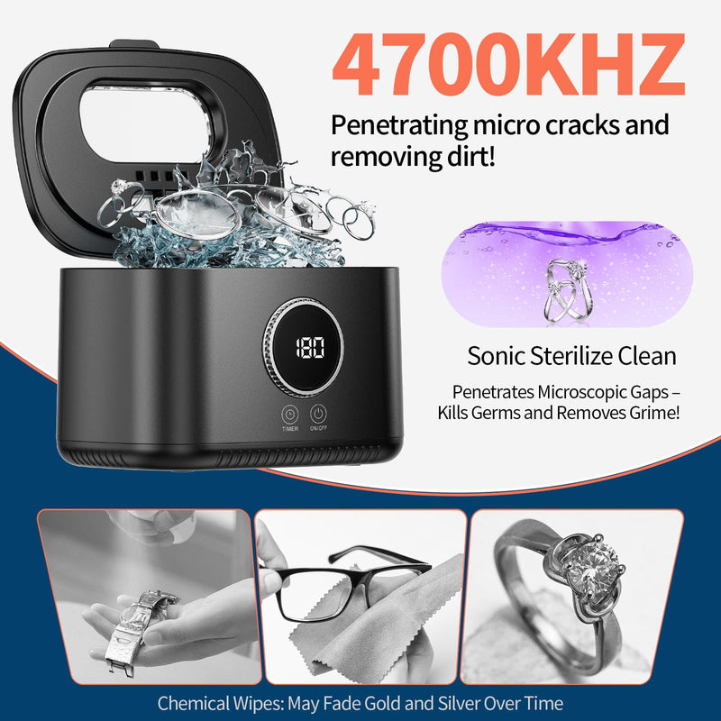 47kHz Ultrasonic Jewelry Cleaner Machine for Glasses, Eyeglasses, Rings | 600ml Stainless Steel Tank , Digital Timer, 5 Modes and UV Light for All Jewelry, Eyeglasses, Dentures, Retainers Light Black