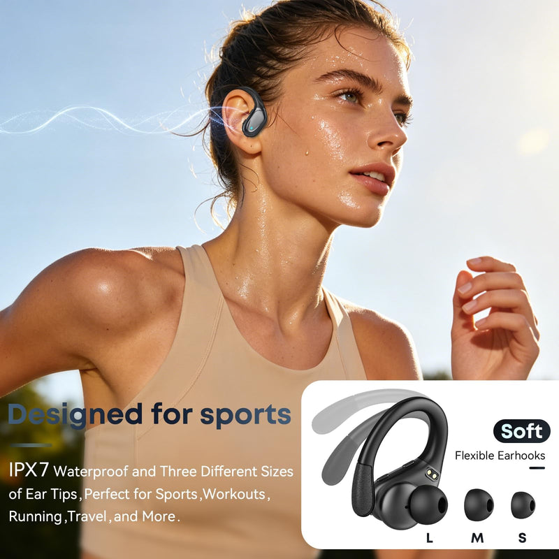 HAOYUYAN Wireless Earbuds, Sports Bluetooth Headphones, Noise Canceling Ear Buds with 80hr Playtime, LED Power Display, IPX7 Waterproof Earphones for Gym/Workout Black