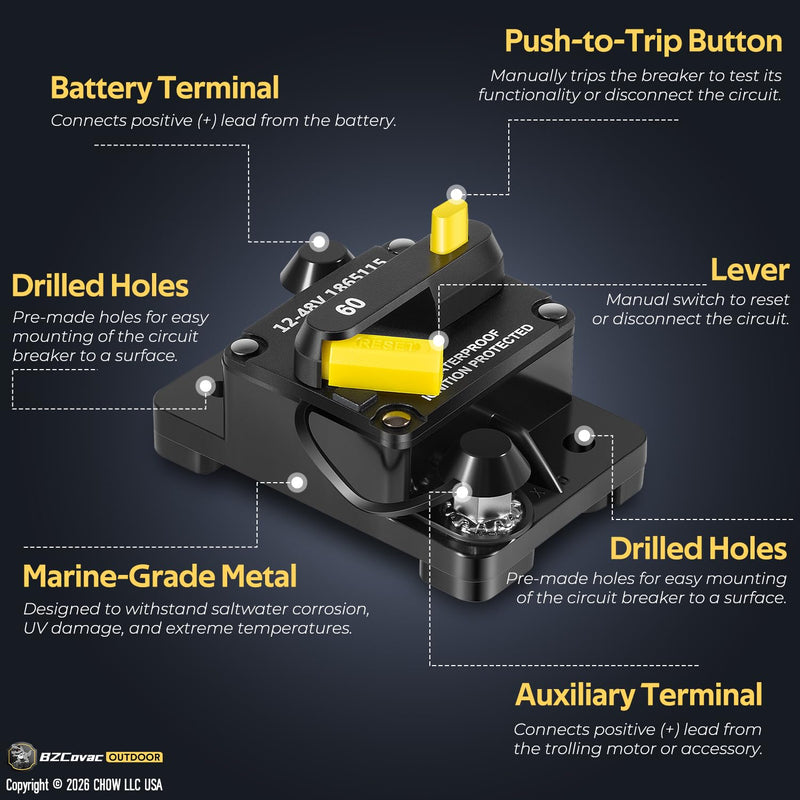 MKR-27 Circuit Breaker for Minn Kota Trolling Motors, 60 Amp, Waterproof Panel Mount, Manual Reset