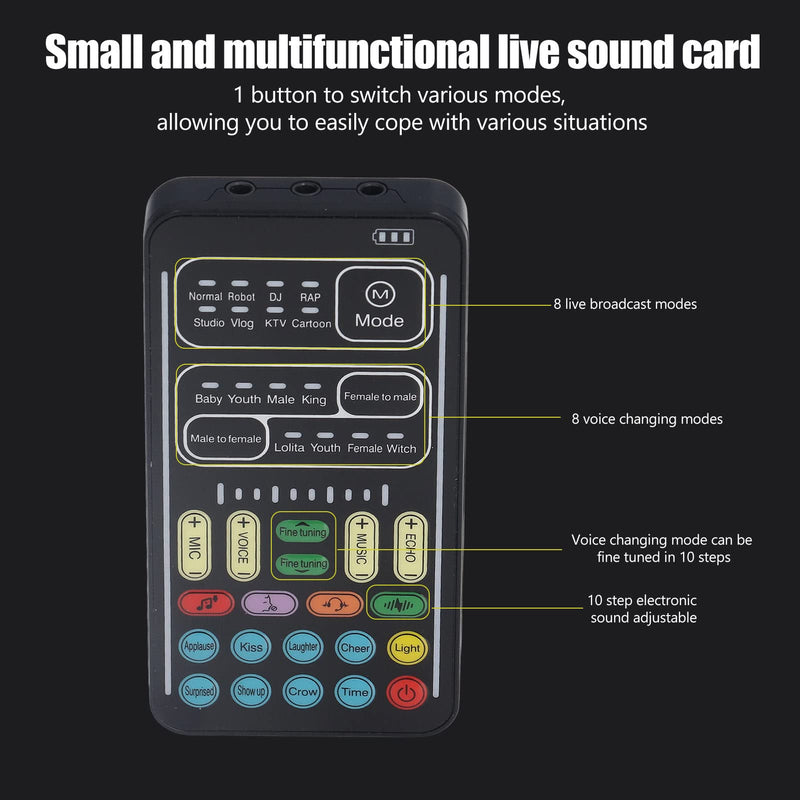 Ejoyous Live Sound Card Voice Changer, Portable I9 Live Sound Card Set Mini Gaming Voice Plug and Play for Game Anchor Recording Mobile Phone Computer, for Live Streaming 8 Different English Version