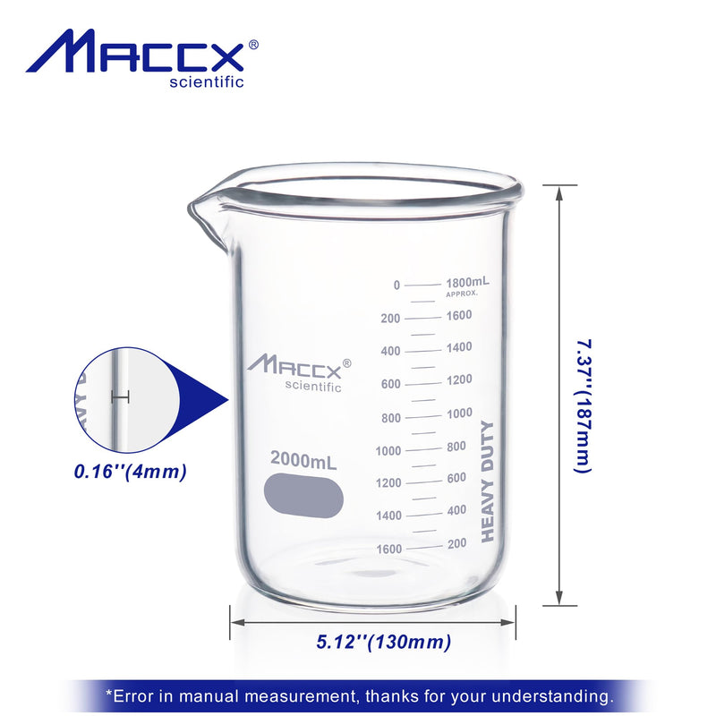 67.6oz(2000ml) Sturdy Glass Beaker, Heavy-Duty 2L Lab Beakers,3.3 Borosilicate Griffin Low Form with Printed Graduation, BKL2K0-001 Vol.2000ml
