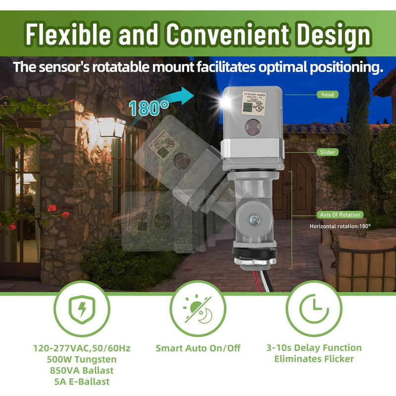 2 Pack Dusk to Dawn & Day Night Sensor, Wide Voltage 120-277VAC, 50/60 Hz, IP65 Waterproof, Swivel Mount Photocell for Yard/Parking Lot/Street