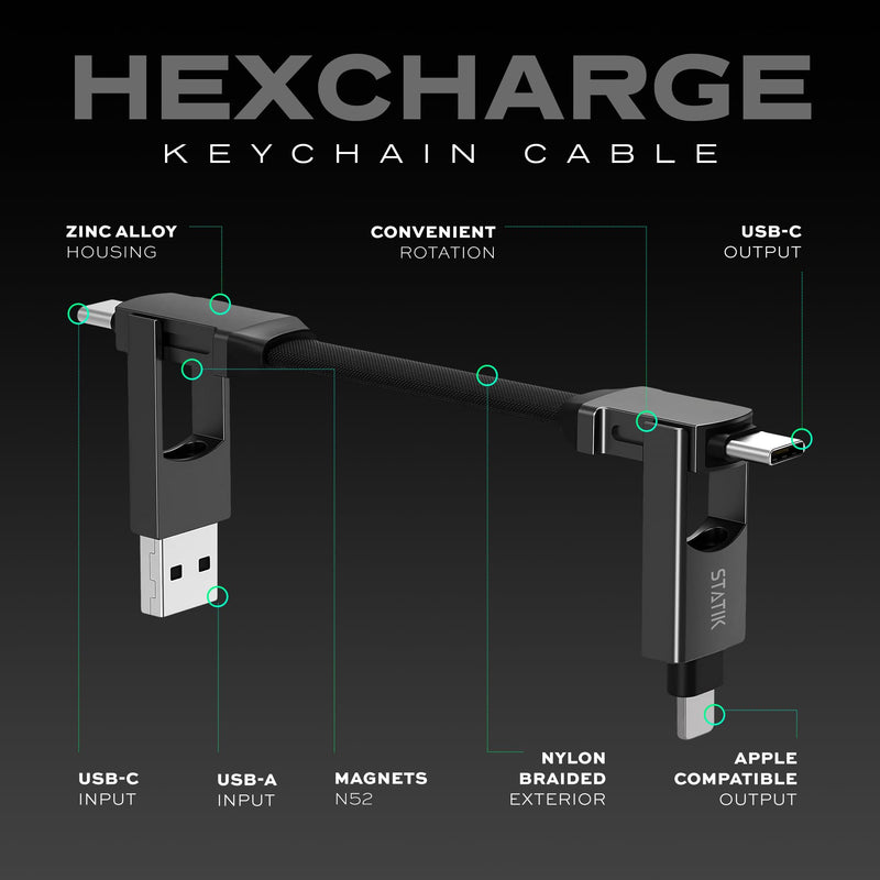 Statik HexCharge Keychain Charger Cable - Portable 4 in 1 Charging Cable Key Ring, 60W Fast Charging, Universal Multi Charging, Compatible with iPhone, USB C, and USB A - 2-Pack 2 Pack