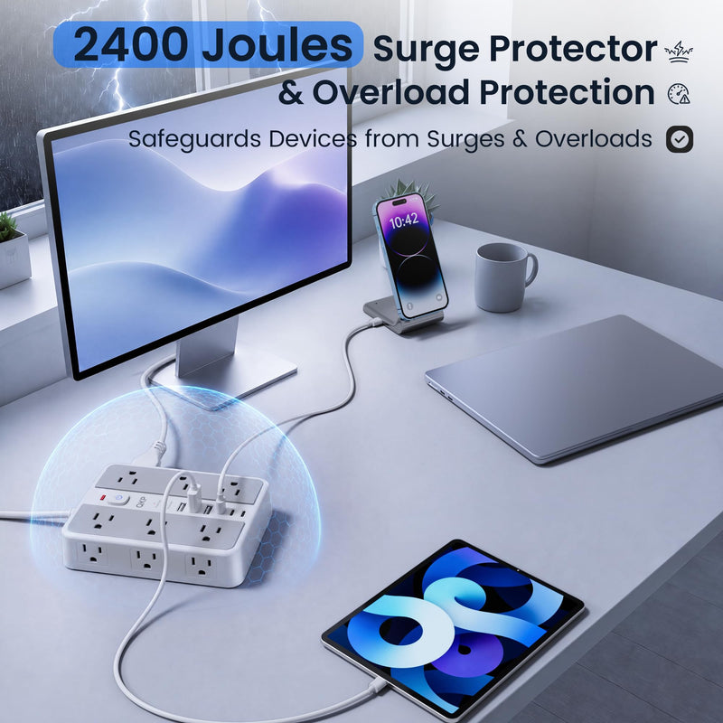 6 FT/ 2400J Surge Protector Power Strip, 12 Outlets, 6 USB (3 USB C) | 3 USB-A & 3 USB-C Ports, 1.7" Wide-Spaced Outlets，2400J Surge Protection, 1875W/15A Flat Plug Extension Cord for Home, Office White / Gray 6 FT