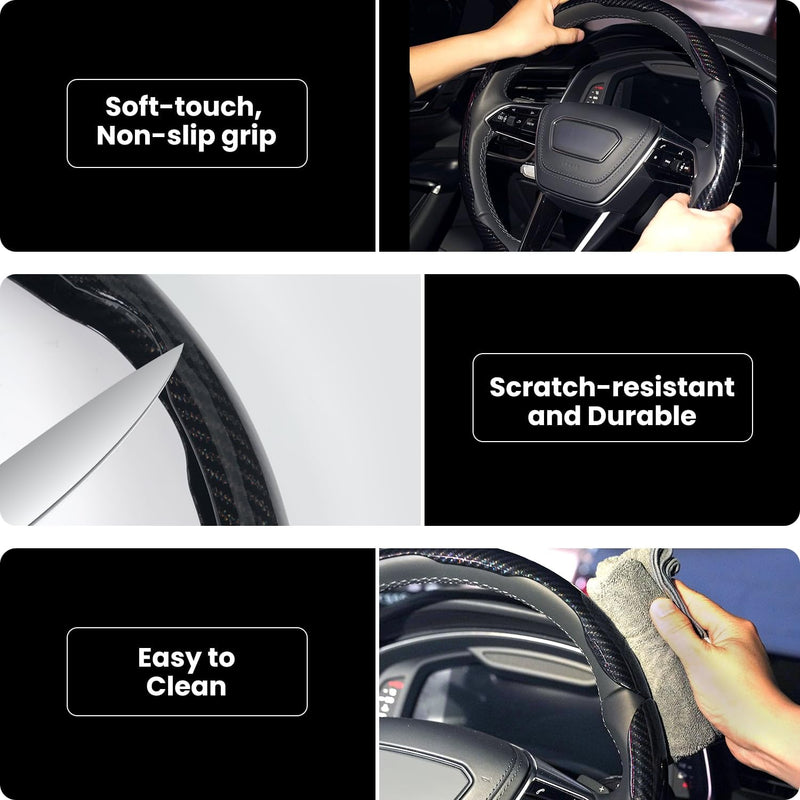 Carbon Fiber Steering Wheel Cover 3PCS Set – Anti-Slip, Scratch-Resistant, Universal Fit for 14–16 Inch Wheels – Interior Car Accessories for Cars, SUVs, Trucks (Black) Black
