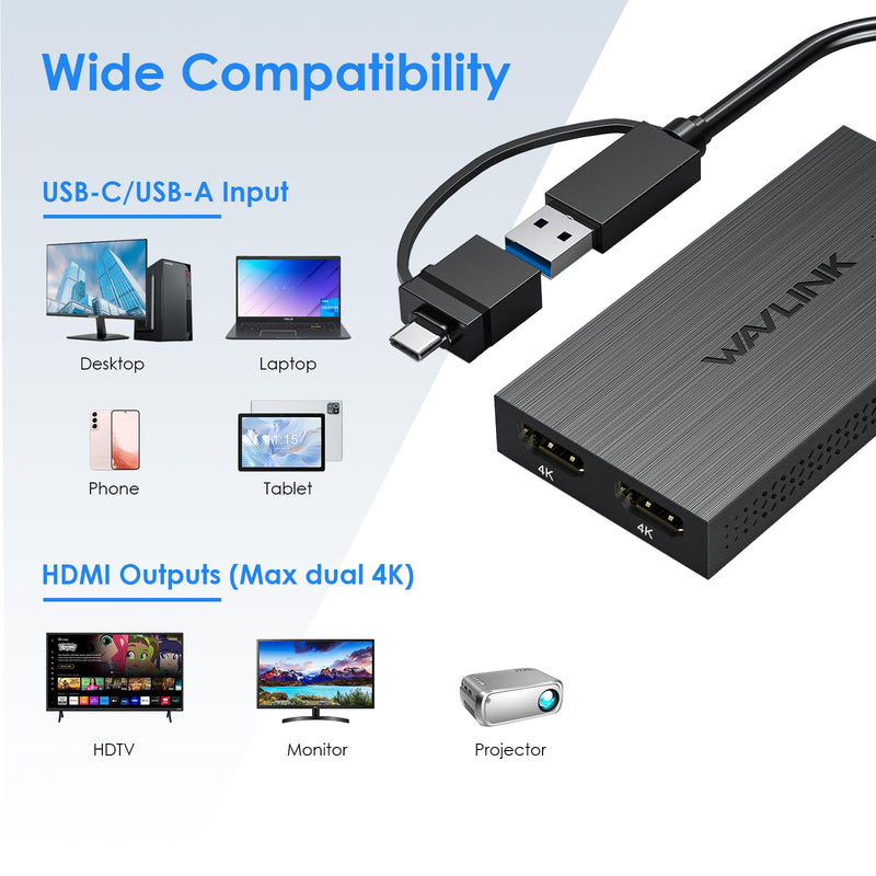 WAVLINK USB 3.0 or USB C to Dual HDMI 4K@60hz Splitter Extended Display for Dual Monitor, Displaylink Adapter Two HDMI 4K 60Hz for Apple Mac M1-M5/Macbook Neo or Windows 10/11,Driver Required 4K60Hz