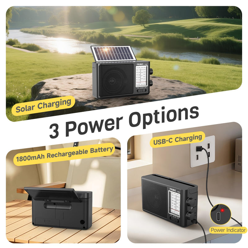 PRUNUS J08 Portable Radio AM FM with Solar, Battery and USB Charging | Loud Speaker, Excellent Reception, Big Knobs Easy to Use for Senior, for Indoor and Outdoor, Transistor Radio