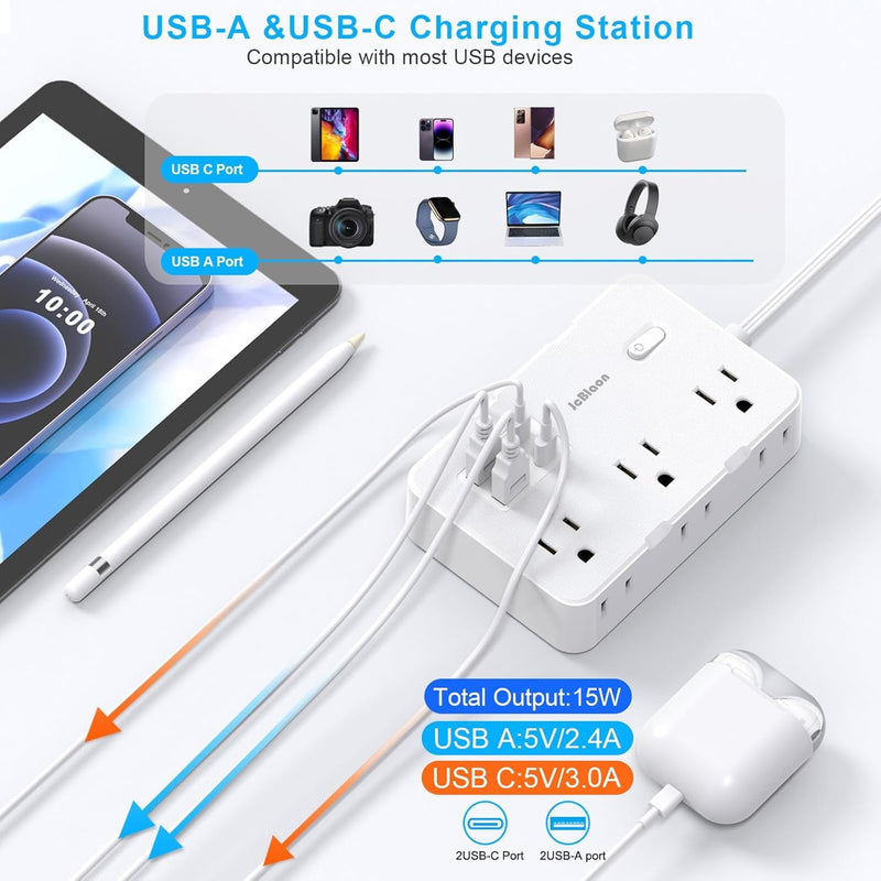 Power Strip Surge Protector, 5 Ft Cord Ultra Thin Flat Extension Cord-6 AC Outlets 4 USB Ports (2 USB C), Travel Power Strip, Desk Charging Station for Home Office, White 5FT