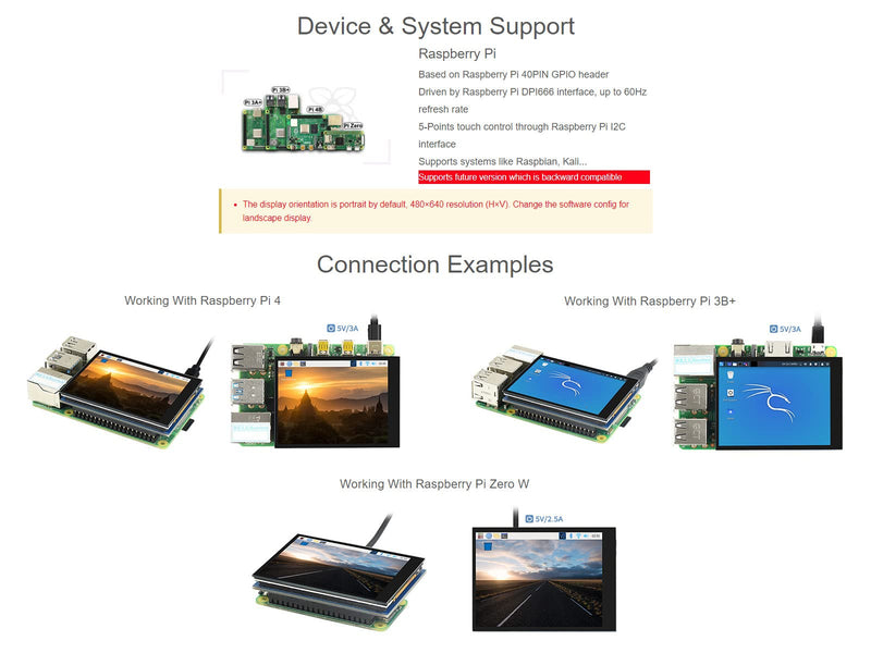 Waveshare 2.8inch Screen LCD Compatible with Raspberry Pi 4B/3B+/3B/2B/B+/A+/Zero/Zero W/WH/Zero 2W 480×640 Resolution DPI IPS 5-Points Capacitive Touch Control Optical Bonding Toughened Glass Cover