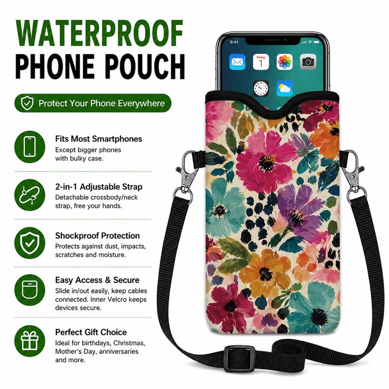 Floral Neoprene Cell Phone Sleeve Pouch Case Bag for Women Men with Crossbody Strap, 7.1x3.9 in, Shockproof Mobile Protection Case Bag with Neck Lanyard, Colorful Floral