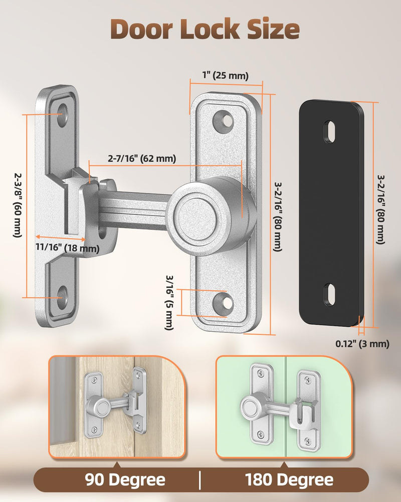 90/180 Degree Flip Barn Door Lock, Heavy Duty Sliding Door Latch Zinc Hardware– Privacy Protection for Barn, Window, Gate, Garden, Bathroom, Cabinet (Silver-2PCS) Silver-2PCS
