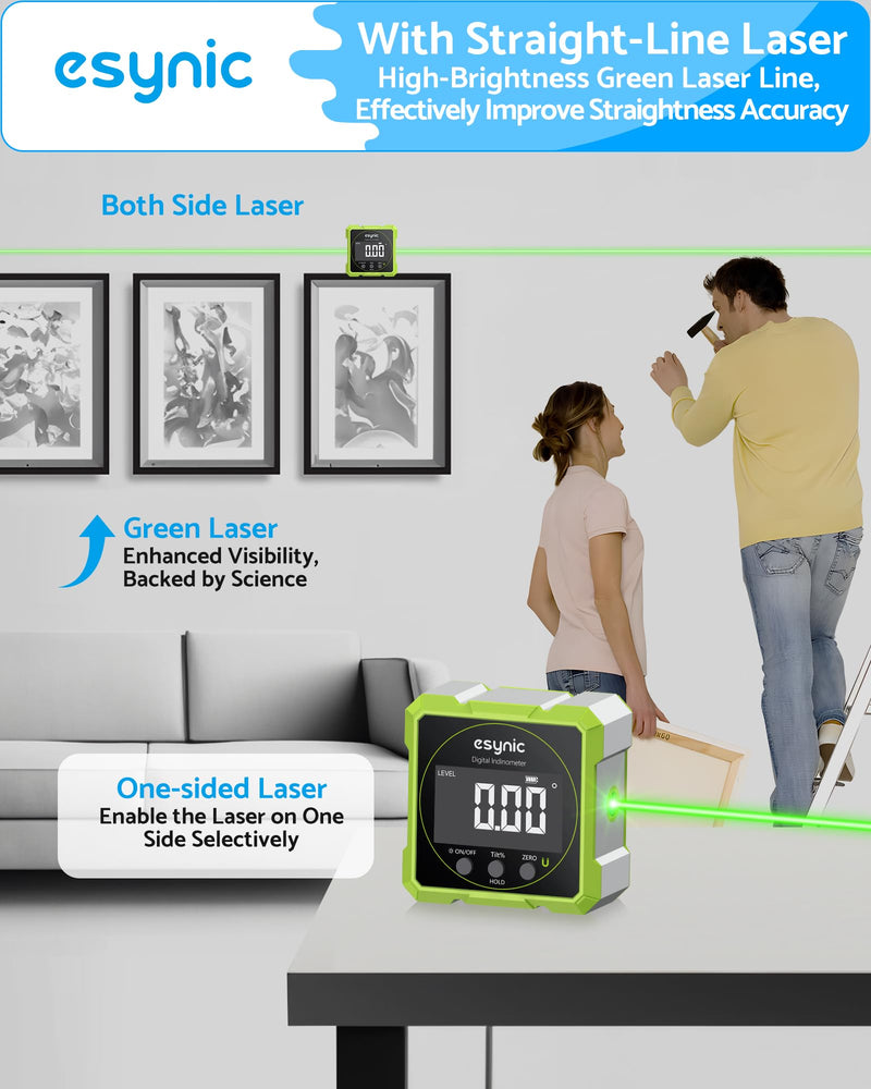 eSynic Rugged Digital Angle Finder with Laser-Type-C Rechargeable Digital Inclinometer-Waterpoof-4-Sides Magnetic Angle Gauge-Clear LCD Display for Construction (Laser Level: Class II Output: 0.51mW)