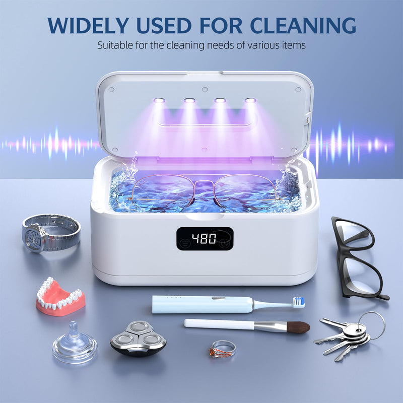 Ultrasonic Jewelry Cleaner, 50Khz Jewelry Cleaner Ultrasonic Machine for Jewelry, Eyeglasses, Rings, Watch Strap, Dentures, 24oz - 304 Stainless Steel Tank, Digital Timer White