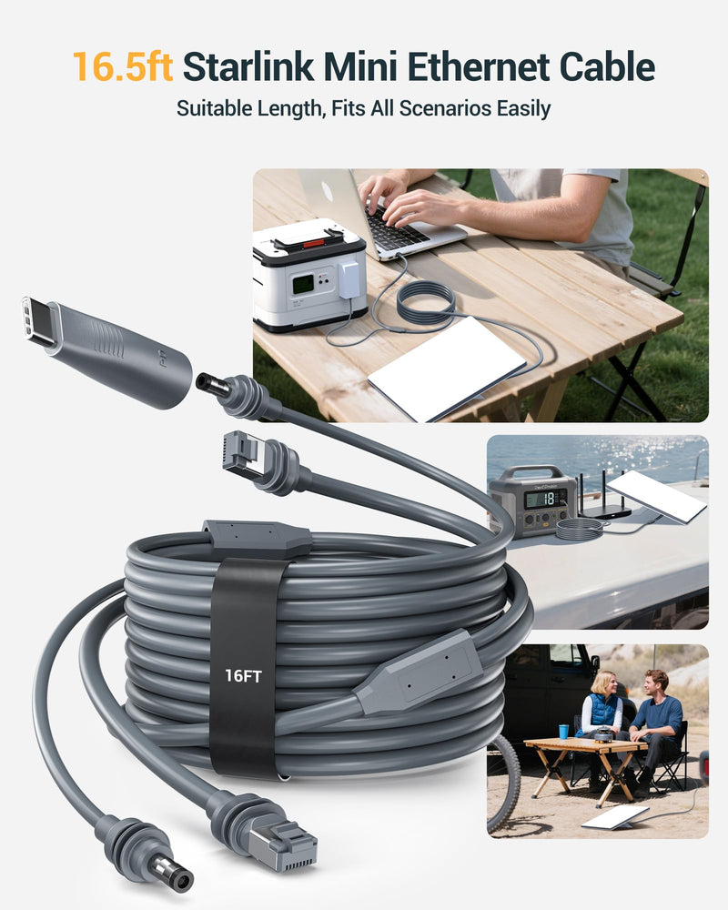 2 in 1 for Starlink Mini Ethernet Cable, for Starlink Mini Power Cord & RJ45 Cables, DC to USB C Replacement Adapter for Power Supply, Waterproof Mini Cable with Data Transfer-16.5 FT/5 M 16.5FT 230 Inches