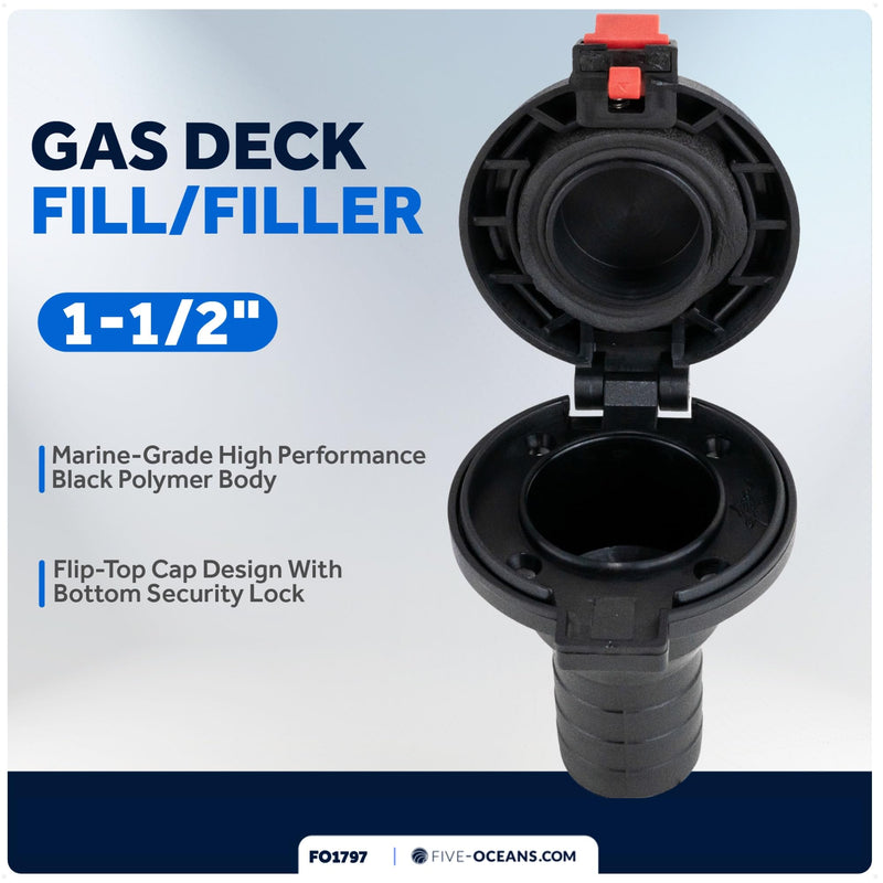 Five Oceans 1-1/2-Inch Marine Deck Fill/Filler, Flip Top Cap Design, Straight Neck, for Pontoon, Fishing, Bass Boats, Sport Yachts, Sailboats - FO1797