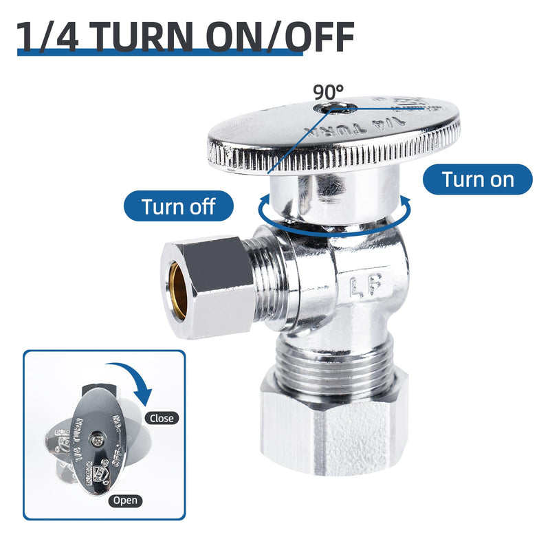 (10 Pack) BH Angle Stop Valve 1/2" Nominal Compression x 3/8" OD, 1/4-Turn Shut Off Valve, Chrome Plated Brass, for Bathroom Toilet Kitchen Shower Plumbing 10PCS