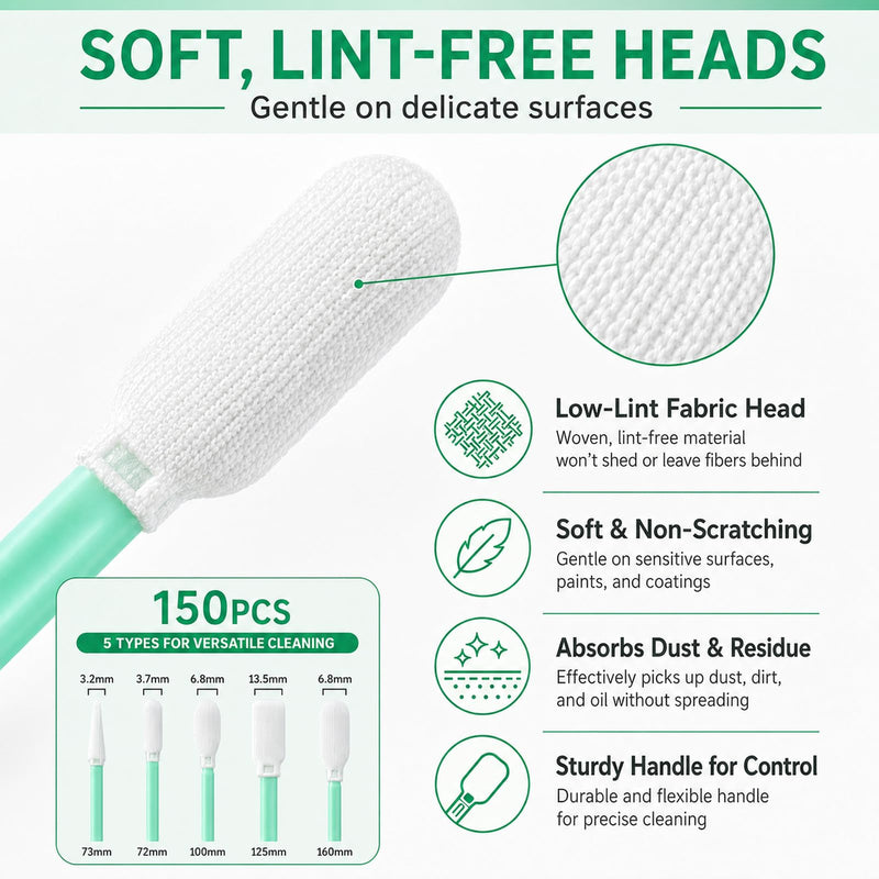 150PCS Microfiber Cleaning Swabs, 5-Size Lint Free Swabs Cleaning Q Tips for 3D Printers, Drones, Camera Lenses, Optics, Electronics, Auto Detailing, Arts and Crafts