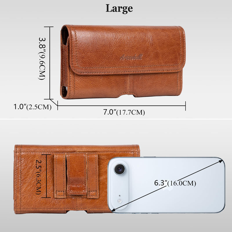 Leather Phone Holster Cell Phone Belt Holder with Clip for Large iPhone Plus - Pro Max 16 15 14 13, Samsung Galaxy Ultra S25 S24 (Brown, Large) Brown