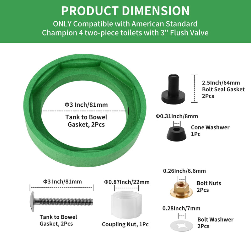 AS738756-0070A Toilet Tank to Bowl Bolts and Gasket Kit, Toilet Tank Repair Kit for American Standard Champion 2-Piece Toilets with 3-Inch Flush Valve, Toilet Bowl Seal and Replacement Parts Without Socket Handle