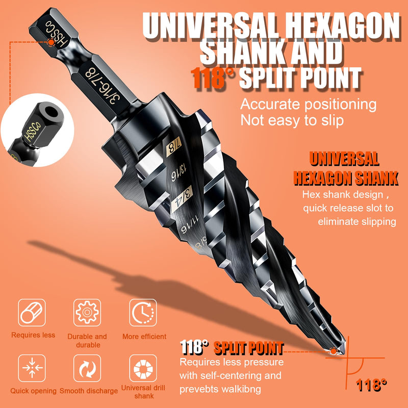 Four Spiral Flute Step Drill Bit for Metal,M35 Cobalt Unibit Step Drill Bit Set 1/8"-7/8" (3 pcs),Wear-Resistant AlTiN Coated,1/4" Hex Shank for Metal, Stainless Steel, Aluminum, Plastic