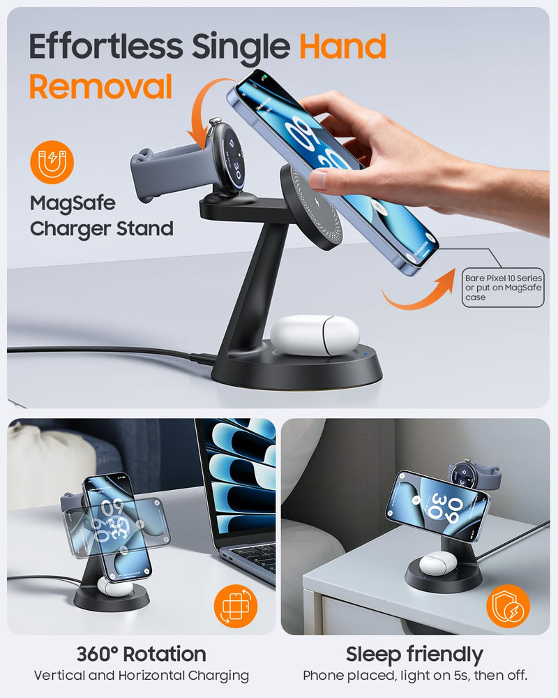 Meifigno 25W Fast 3-in-1 Wireless Charging Station for Google Pixel Watch 4 | Not for Google Watch 1/2/3, 25W Magnetic Charging for Pixel 10 Pro XL & Buds, Mag-Safe Charger Stand with 45W Adapter Only for Pixel Watch 4