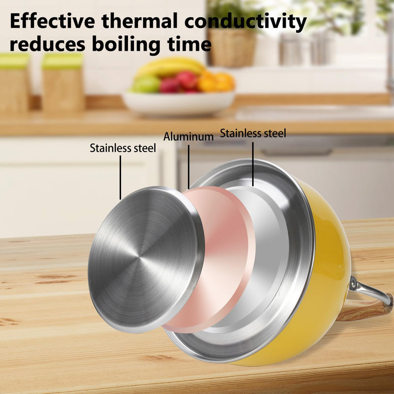 Tea Kettle,Whistling Tea Kettle Stovetop 2.6 Quart, Tea Pots for Stove Top Food Grade Stainless Steel,Wood Pattern Handle(Yellow),With Anti Scald Towel Yellow
