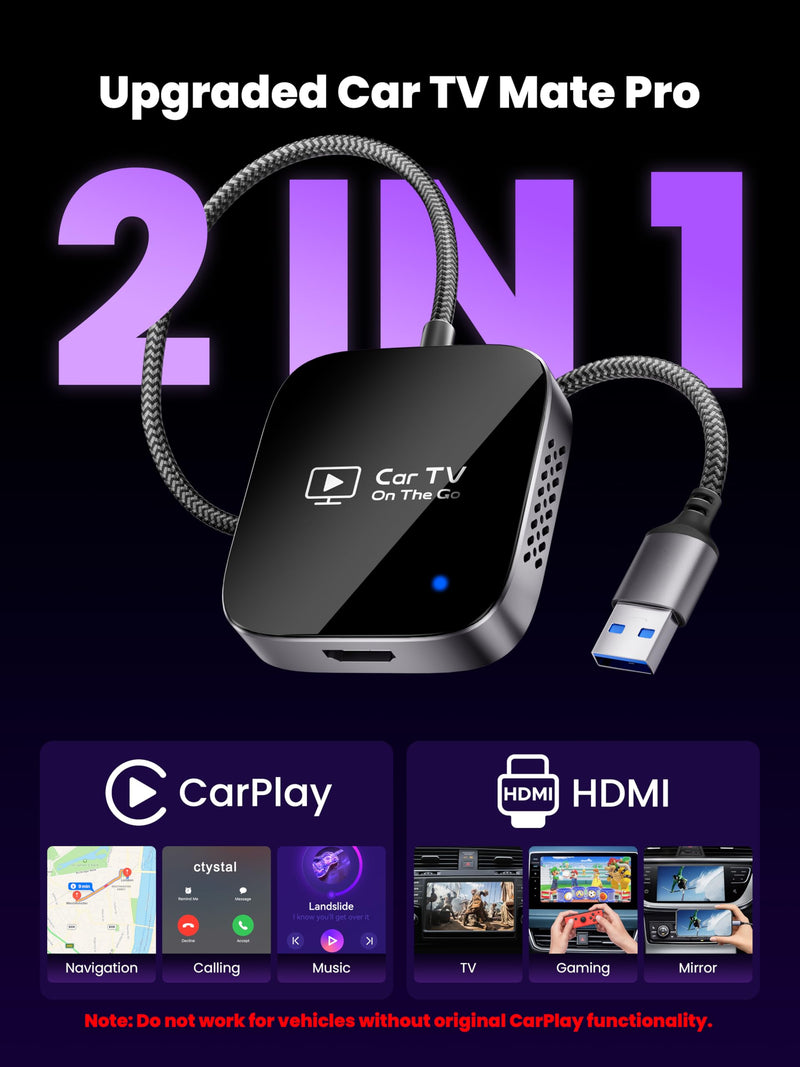 2-in-1 Wireless CarPlay Adapter & Autolink Pro 2026[Car TV Mate,Metal Case] | Convert Wired to Wireless Car Play with HDMI Input for TV Stick, Screen Mirroring & Streaming, Fit for 2016+ Vehicles-Black Black
