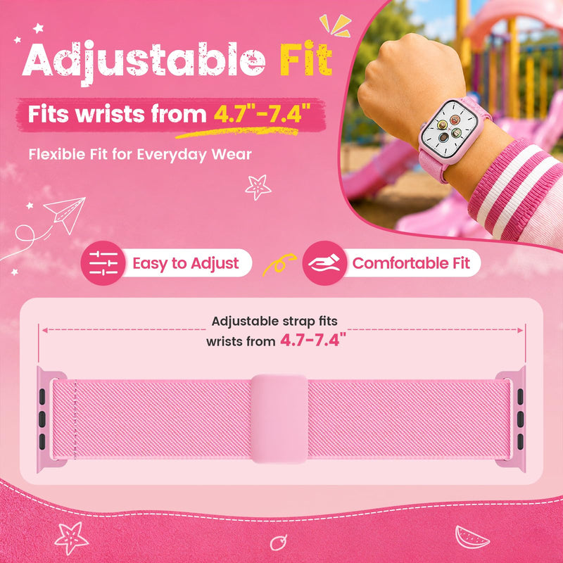 Compatible with Kids Apple Watch Band with Case 38/40/41/42/44/45mm | Stretchy Nylon Strap with Protective Cover and Screen Protector for iWatch Series 9 8 7 SE3 SE2 SE 6 5 4 3 2 1 Pink 40mm