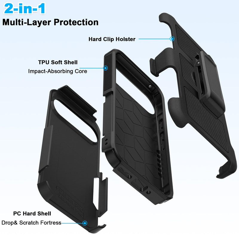 2 in 1 Case for Google Pixel 9 10 Pro with Belt Clip Defender, Heavy Duty Shockproof Holster with 360 Rotating Kickstand