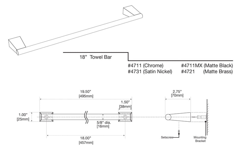 Gatco 4711MX Bleu, 18" Towel Bar In Matte Black