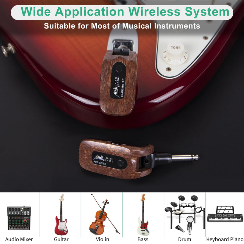 AKLOT Wireless Guitar System Transmitter Receiver Set 5.8GHz Built-in Rechargeable Lithium Battery Digital for Electric Guitar Bass Brown