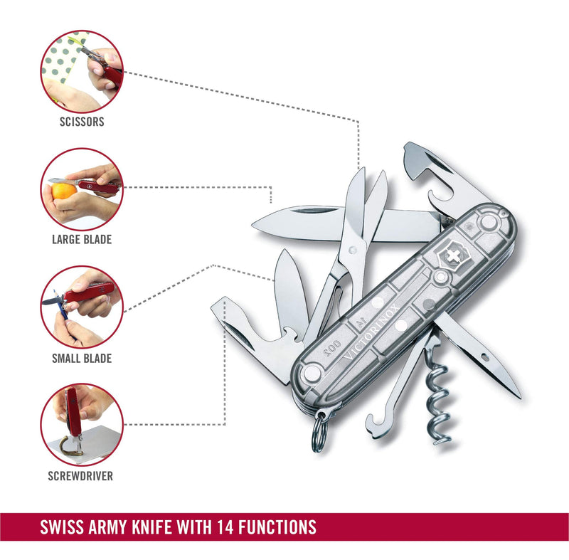 Victorinox Climber Swiss Army Knife, 14-Function Pocket Knife, Silver | Swiss-made pocket knife, durable construction, multifunction tool, camping and everyday use Silver Tech