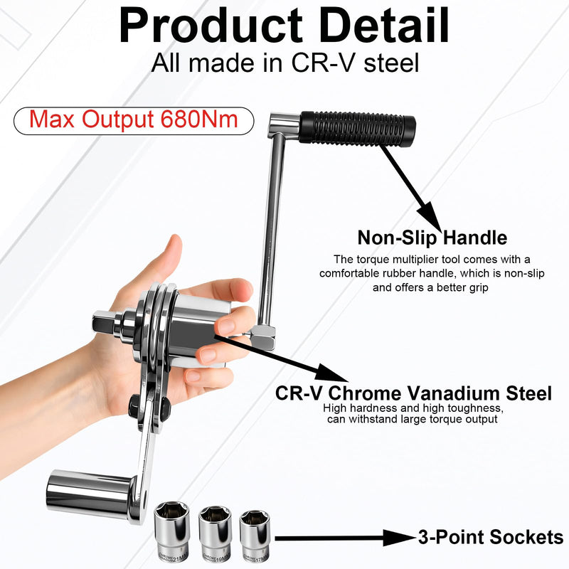 Torque Multiplier Wrench 1:16, Heavy Duty Lug Nut Remover Tool Set with 17mm 19mm 21mm Sockets, 1/2" Drive Labor Saving Tire Removal Tool for Tire Repair