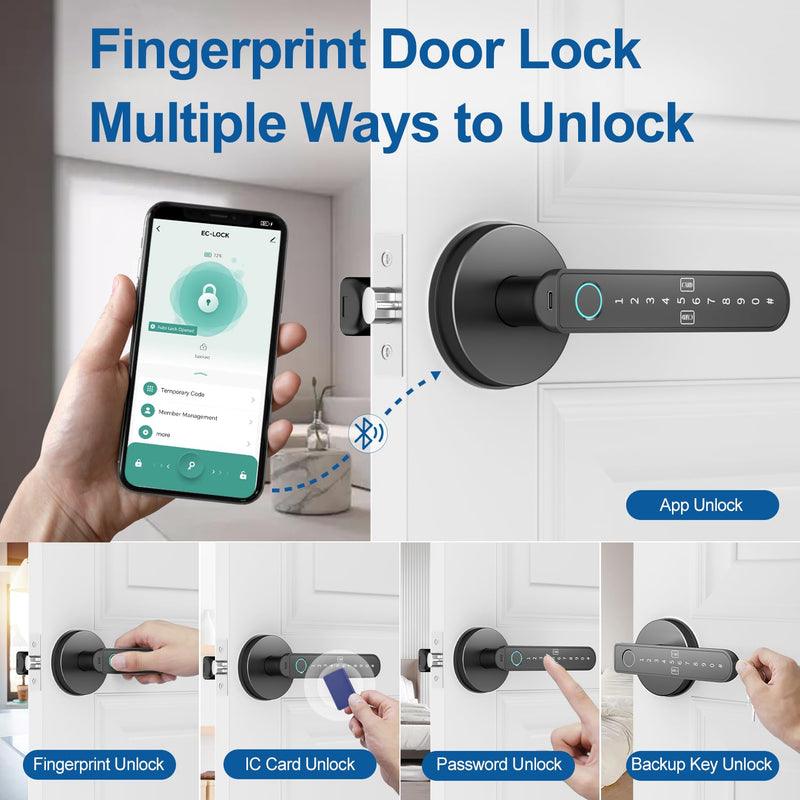 BIWIBON Fingerprint Door Lock – Fingerprint Door Knob with 5 Unlock Options, Anti-Peep Code, Adjustable Auto-Lock, Inside Lock, for Home, Office, Apartment, Bedroom – Black Black 03