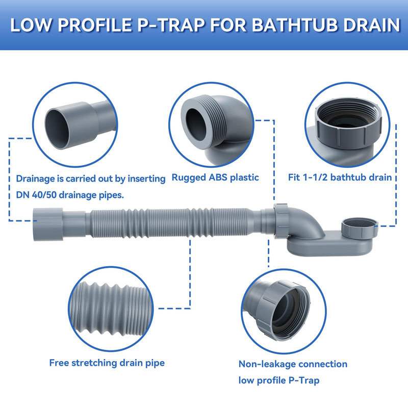 Flexible Freestanding Tub Drain Kit, Low Profile Flat P Trap for 1 1/2" Bathtub & Shower Drain Pipe, Easy Install, Fits Freestanding Bath Tubs, PVC Drain Hose Included