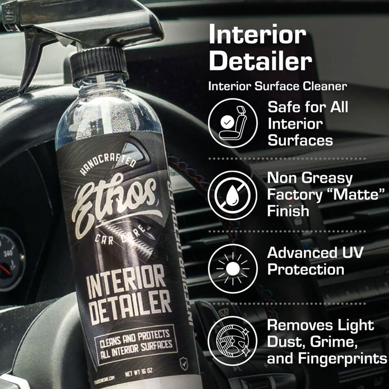 Ethos Interior Detailer Spray - Interior Car Cleaner Easily Cleans & Protects All Interior Surfaces | Non Greasy Satin Finish with UV Protection & Odor Neutralizing Agents | Coconut Scented 16 Fl Oz (Pack of 1)