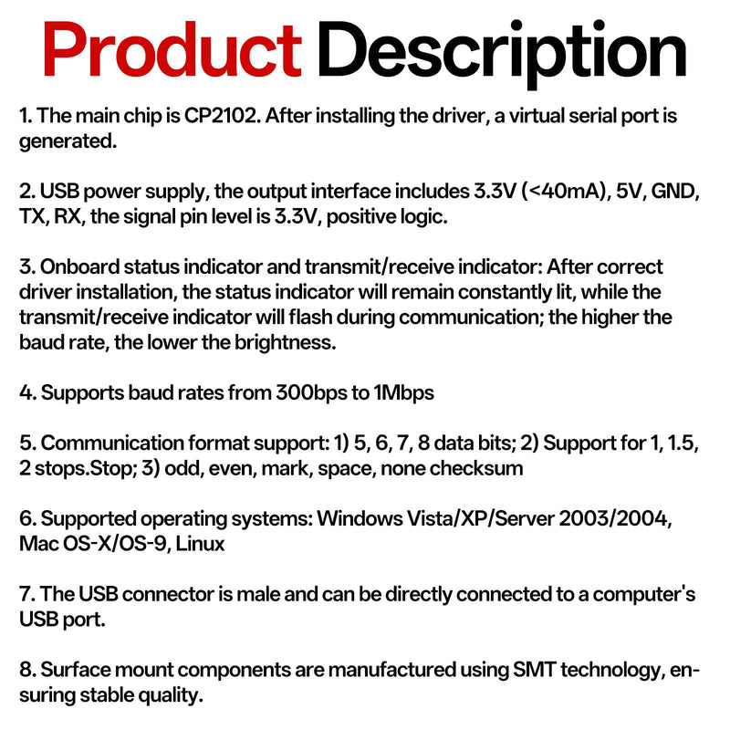 Vin Beauty CP2102 USB to TTL Serial Adapter, USB toUart USB2.0 to 5Pin UART Converter Module with 3.3V/5V Output with Jumper Wires for DIY Projects