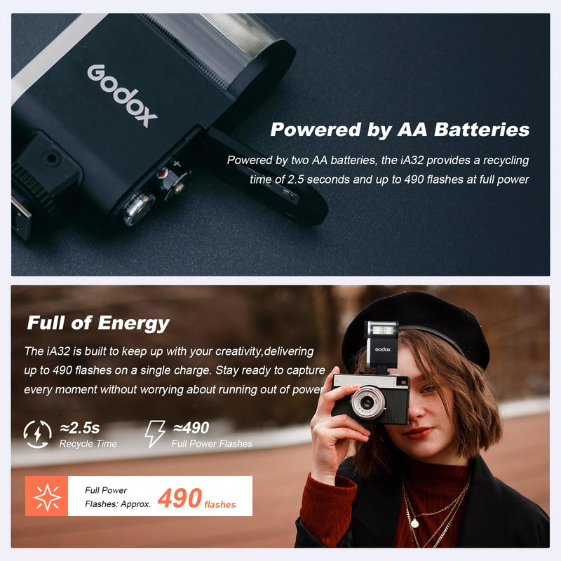 Godox iA32 Mini Camera Flash 490 Full-Power Flash 2.5sRecycle | 8 Levels Automatic Flash GN15 Mini Flash Speedlite for Sony zve10 Sony zv1 Ricoh gr3 Canon Nikon Fuji Olympus Camera