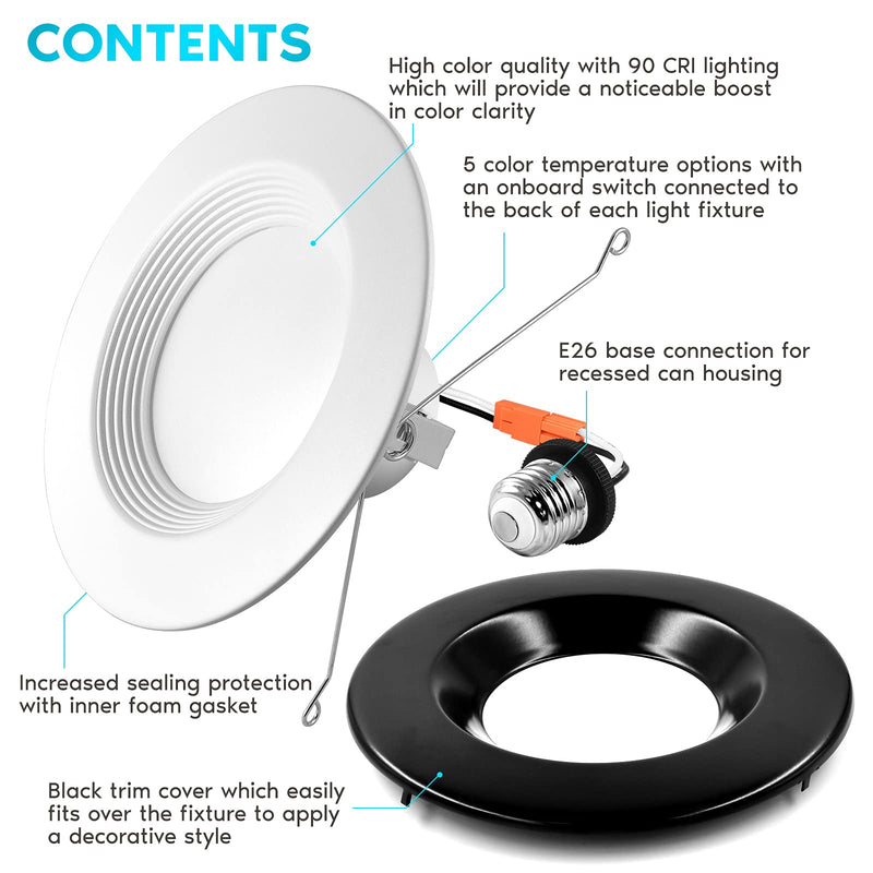 LUXRITE 5/6 Inch LED Recessed Retrofit Downlight, 14W=90W, CCT Color Selectable 2700K | 3000K | 3500K | 4000K | 5000K, Dimmable Can Light, 1100 Lumens, Wet Rated, Energy Star, Black Trim, IC Rated 1 Count (Pack of 1)