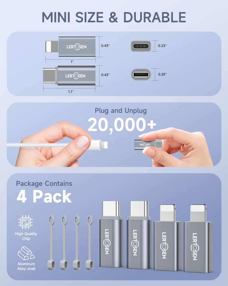 Lightning Female to USB-C Male Adapter & USB-C Female to Lightning Male Adapter (4 Pack) for iPhone Series and More Lightning & USB-C Devices,Support Charge & Data Sync,Not for Audio/OTG 4 Pack Grey