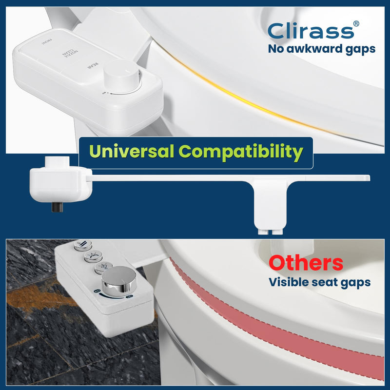 Clirass Ultra-Slim Bidet Attachment, Self-Cleaning Dual Nozzle (Feminine/Posterior Wash), Accessibility-Enhanced Large Buttons, Quick-Release, Non-Electric Fresh Water System with Adjustable Pressure