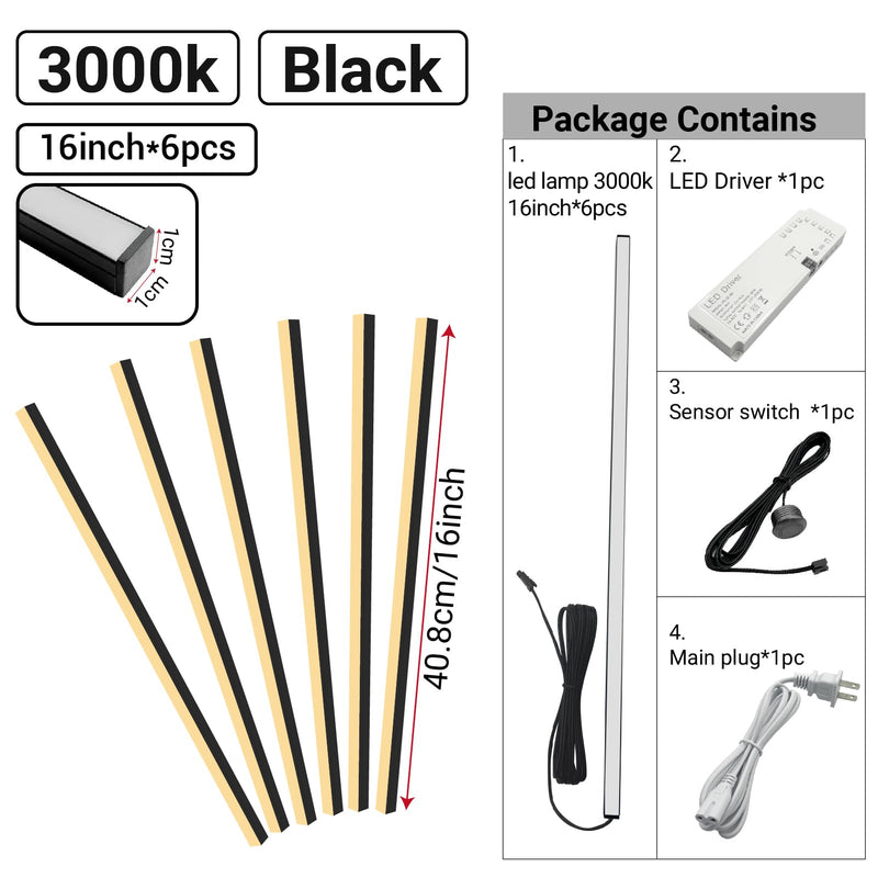 HAMRVL Black Wall Panel Lights, 6PCS 16-Inch 3000K Warm White Wall LED Lights Strip with Touch Switch, Self-Adhesive Dimmable Slat Wall Lights for Wood Slat, Bedroom Fluted Panel, Kitchen Cabinet Black - Warm White 3000K 16" × 6