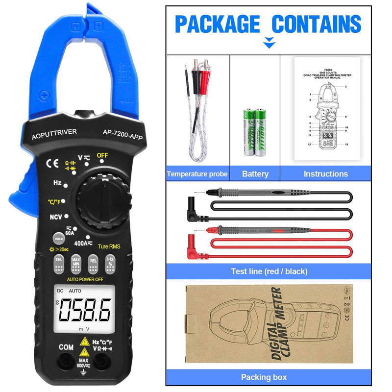 Digital Clamp Meter Bluetooth Clamp Multimeter ac dc amp Meter AP-7200APP Auto-ranging 6000 Counts Amp Meter Voltage Tester Measures Amperage, Volt, Capacitance, Continuity, Ohm Clamp-on Ammeter