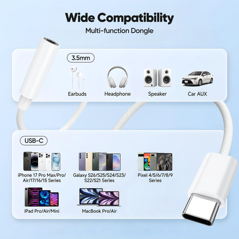 USB C to 3.5mm Audio Adapter, USBC to Headphone Jack AUX Dongle 24bit/48kHz | Braided Cable for iPhone 17/16/15 Galaxy S26 Note 20 iPad 11th/10th Gen MacBook Pro 1