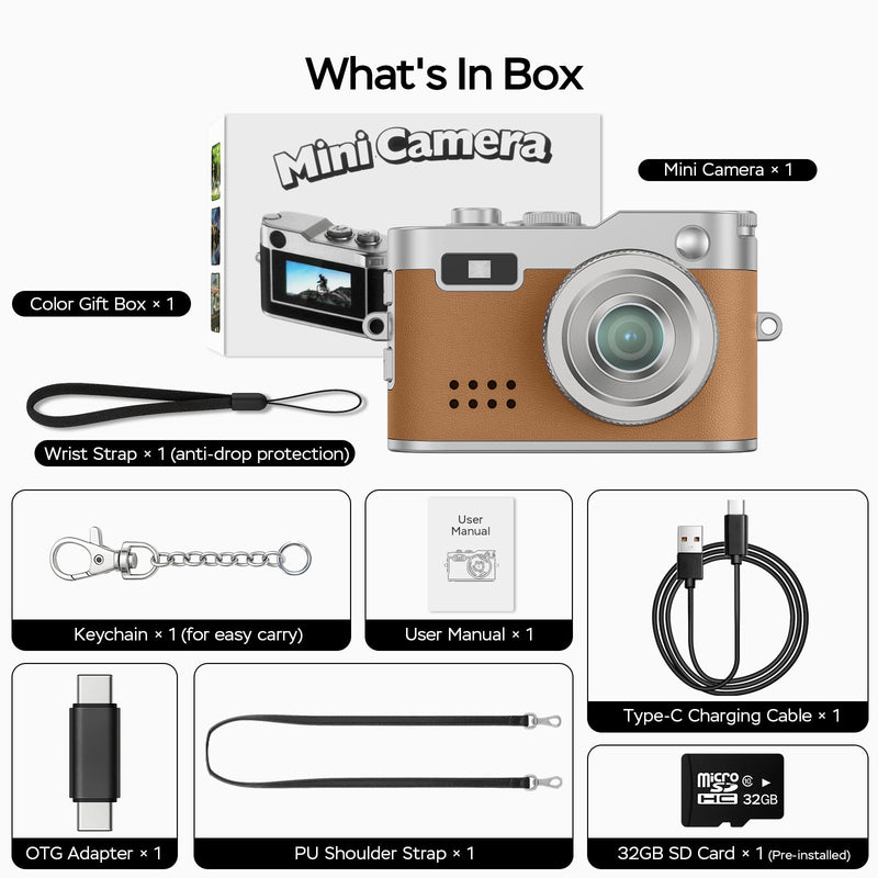 Mini Retro Camera with 1080P Video, 12MP Photos, Keychain Digital Camera, Ultra-Compact Tiny Camera with 32GB SD Card, OTG Adapter, Vintage Little Cameras for Travel, Daily Vlogging (Brown) Brown