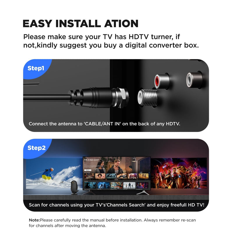 Digital TV Antenna Indoor Outdoor,2200+ Miles Long Range HD Antenna for Smart TV and All Older TV's for Local Channels,Supports 4K 1080P with Amplifier Signal Booster & 36ft Cable Black Compact