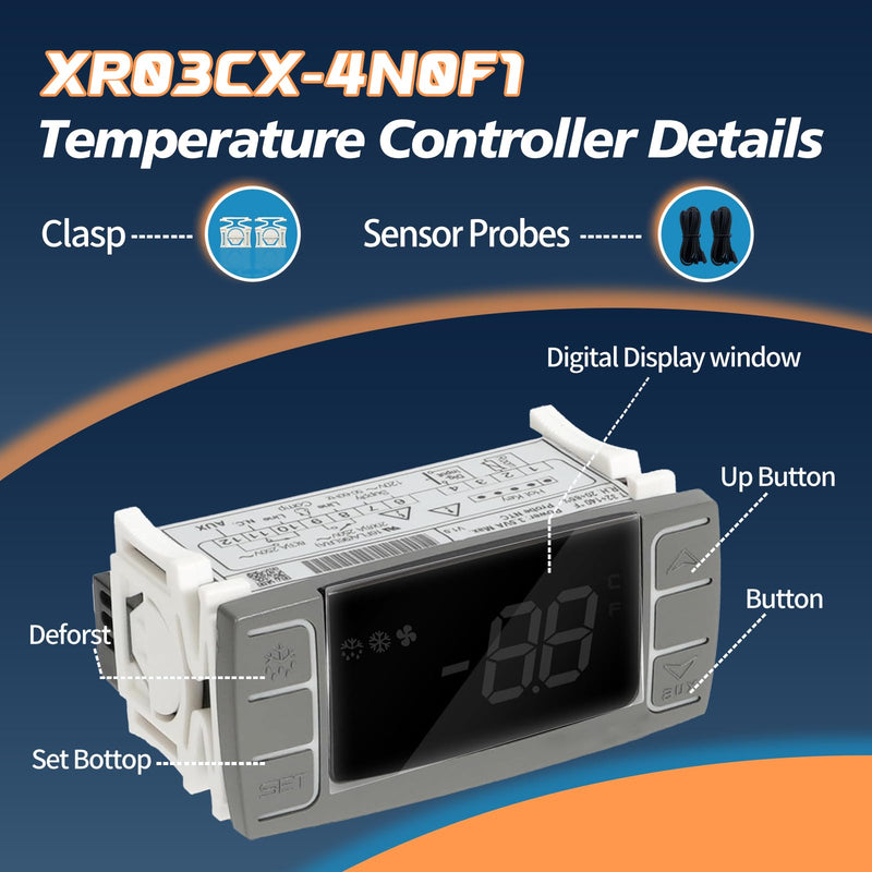 XR03CX-4N0F1 Temperature Controller with Sensor Probe, 120V Digital Thermostat Controller Compatible with Dixell Programmable Refrigerators/Freezers, Single NTC Probe + Alarm Relay XR03CX-4N0F1