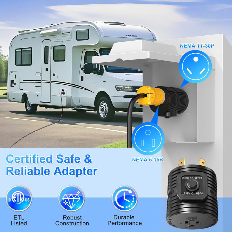30A to 110 Adapter NEMA TT-30P Male Plug to NEMA 5-15R Female Receptacle with 15A Rated Breaker Grounding House Power to RV Camper ETL Listed