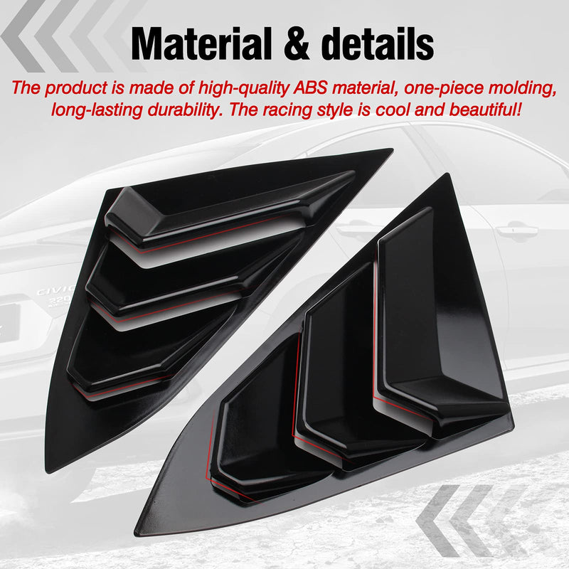 for 10th Gen Civic Sedan Rear Side Window Louvers Air Vent Scoop Shades Cover Blinds Racing Style Compatible with Civic Sedan 2021 2020 2019 2018 2017 2016 (Bright Black) Bright Black